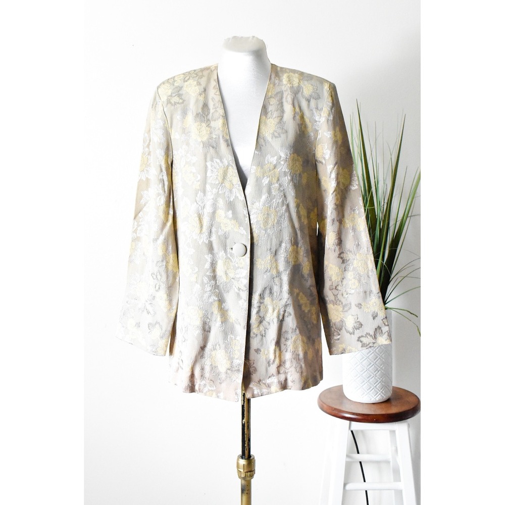 Catch-Me Floral Brocade Blazer Women Small Champagne Vintage Metallic Collarless